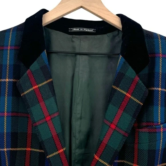 Vintage Women's Blazer Scotch House Wool Cashmere Holiday Plaid Velvet Trim | L - Picture 3 of 12